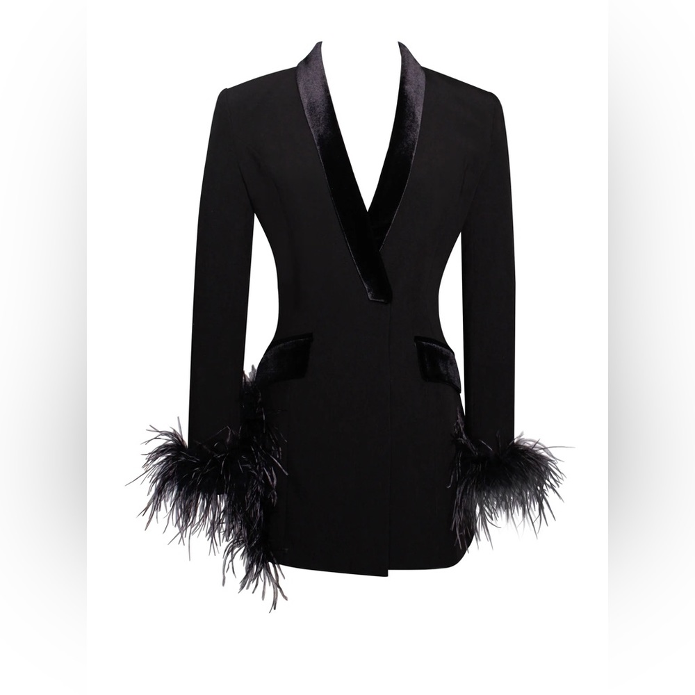 Madeline Black Feather Trim Blazer Dress Medium